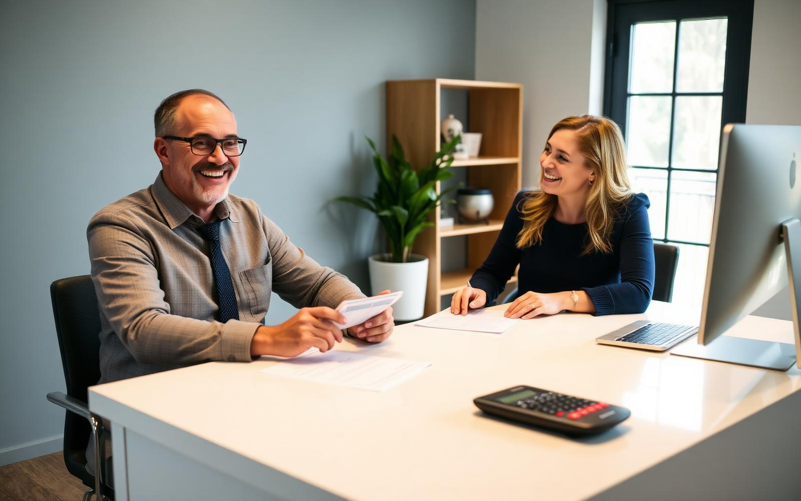 Friendly accountant meeting with a happy client at Taylor Business Services